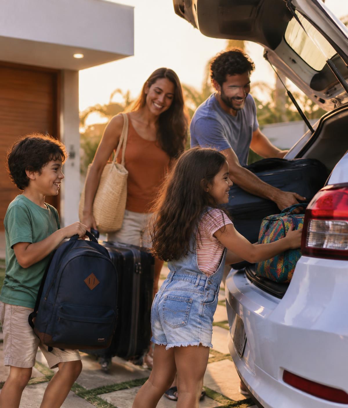 Família colocando as malas no porta-malas do carro novo