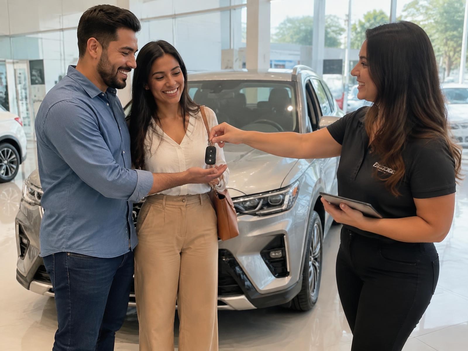 Casal recebendo a chave do carro novo na concessionária